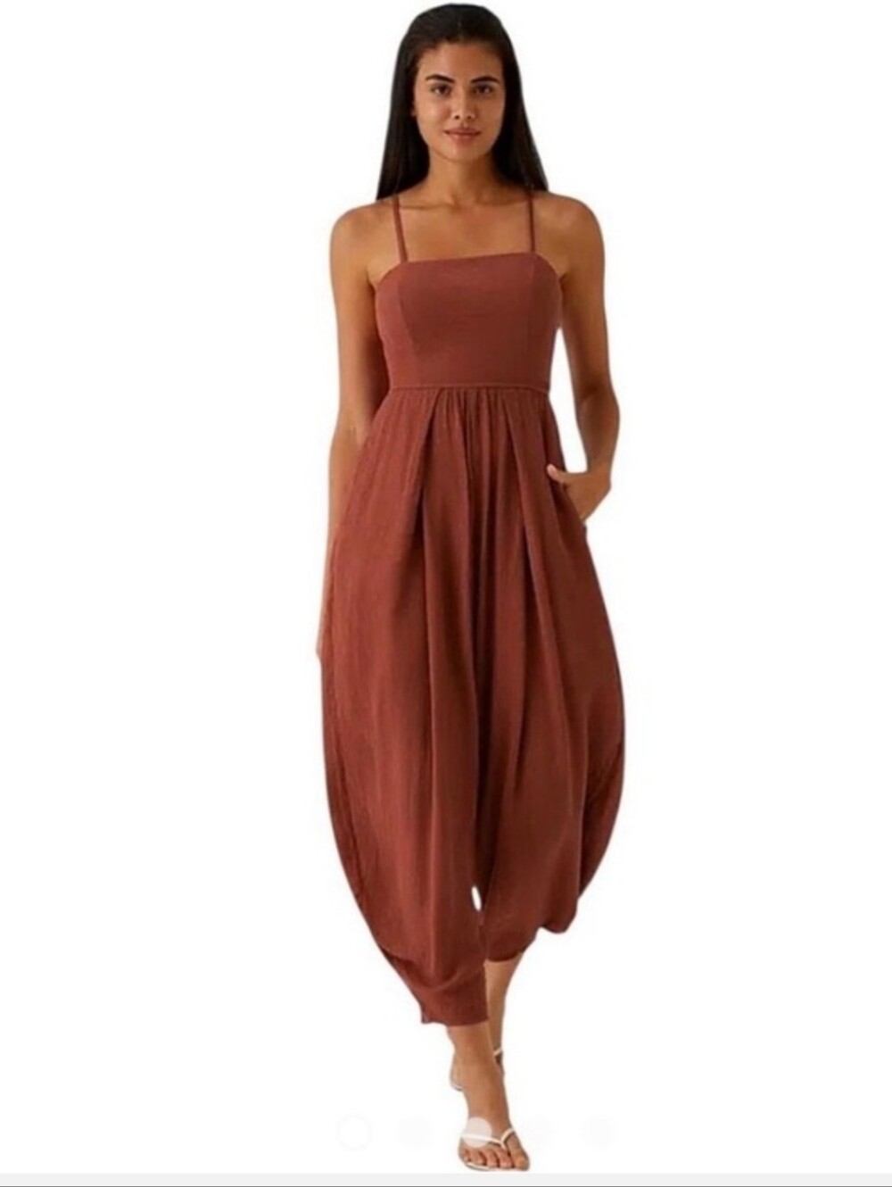 Halara Spaghetti Pocket Solid Wide Leg Casual Jumpsuit Brown Jumpsuit